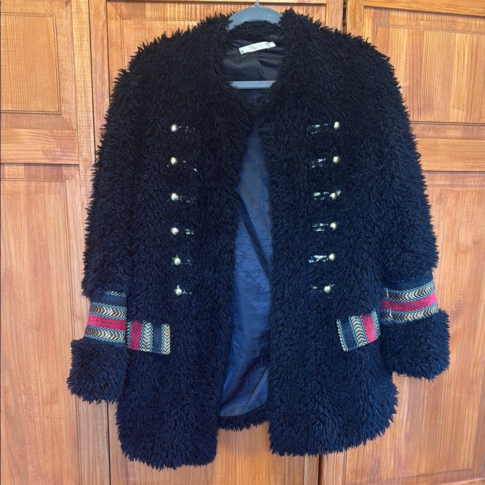 Chic Cherry Paris Black Fuzzy Coat with Embellished Sleeves